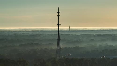 Aerial View of Telecommunications Cell Phone Tower with Wireless Communication 5g Antennas for