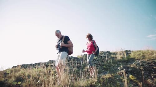Active Senior Couple Hiking on Rural Grassy Hill