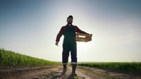 Farmer Carrying Crate on Rural Farm Road