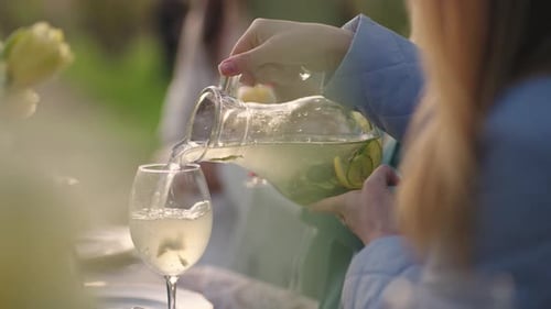Woman is Pouring Cold Lemonade Into Glasses Openair Party in Garden in Nature Catering and Beverage