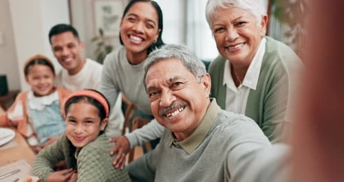 Grandfather, selfie and family with happiness in home for celebration table with children