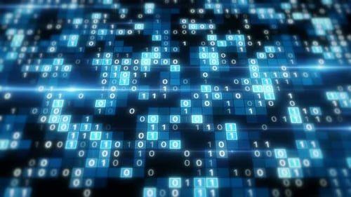 Animated Binary Code Grid with Digital Data Stream and Light Trails