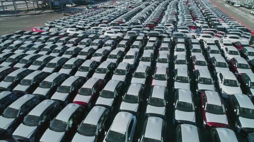 Aerial View of New Cars Parked in Car Parking Lot Car Dealer Parking Lot Full of New Automobiles New