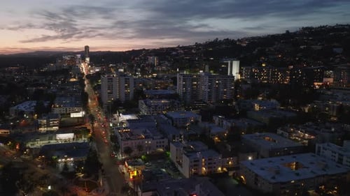 Forwards Fly Above Town Development in Urban Borough at Night Multistorey Apartment Buildings in