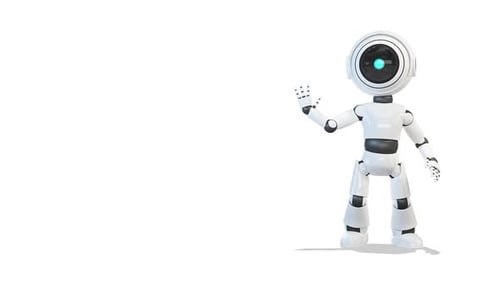Der Roboter kommt von der rechten Seite des Bildschirms heraus und begrüßt ihn auf weißem Hintergrund
