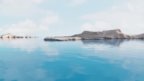 Peaceful Desert Oasis with Calm Blue Water and Sandy Shores