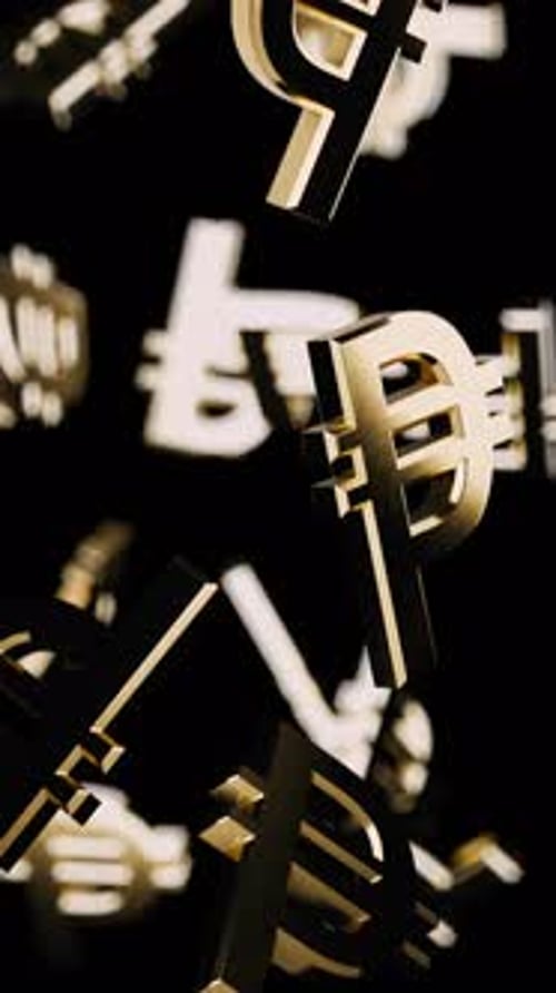 Símbolo vertical de peso dourado caindo infinitamente em um fundo preto