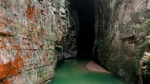 Arco del Tiempo, Chiapas, Mexico, Sone Arch, cave, River in Canyon, Drone Shot