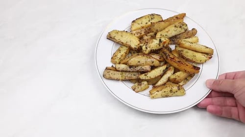 hand of person presenting crisp seasoned baked potato wedges on white plate on white background