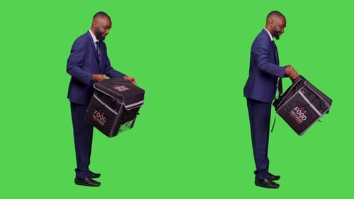Food Delivery Employee Wearing Office Suit in Studio