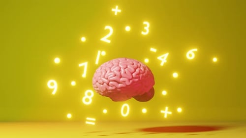 Human brain numbers math symbols yellow background 3d animation International Day of Mathematics
