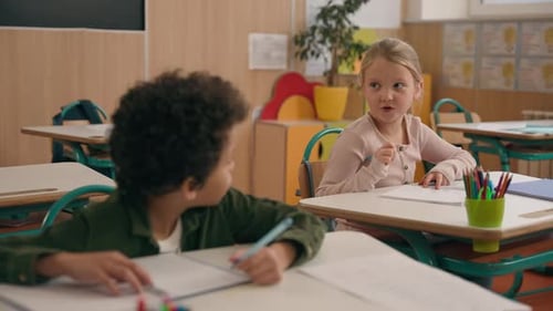 Elementary Primary Education Studying School Two Multiracial Pupils Multiethnic Children Kids