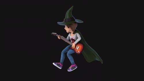 Fun 3D cartoon girl witch with a guitar (with alpha channel)