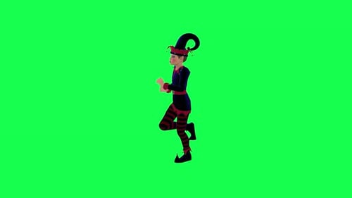 3d Cartoon elf in blue dress running fast right angle green screen