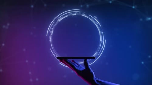 A Hand Holding Smartphone on the Neon Light Background Mobile Application or Innovation Smart App