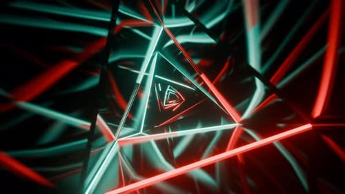 Türkisfarbener und roter dreieckiger spiralförmiger Neontunnel-Hintergrund VJ Loop l 4K