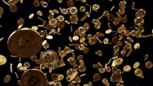 Bitcoin-Regen. Rotierende goldene BTC-Münzen fallen.