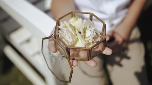 Ring Bearer Holds Wedding Rings in Glass Box