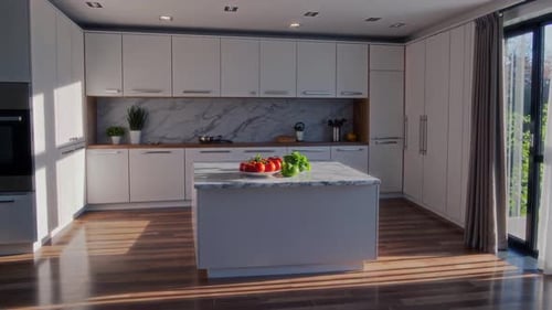 Modern Kitchen Interior with Marble Island and Daylight