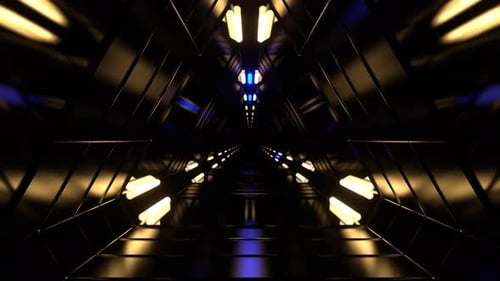 Yellow And Blue Fantasy Science Corridor With Flashing Lights Background Vj Loop I 4K