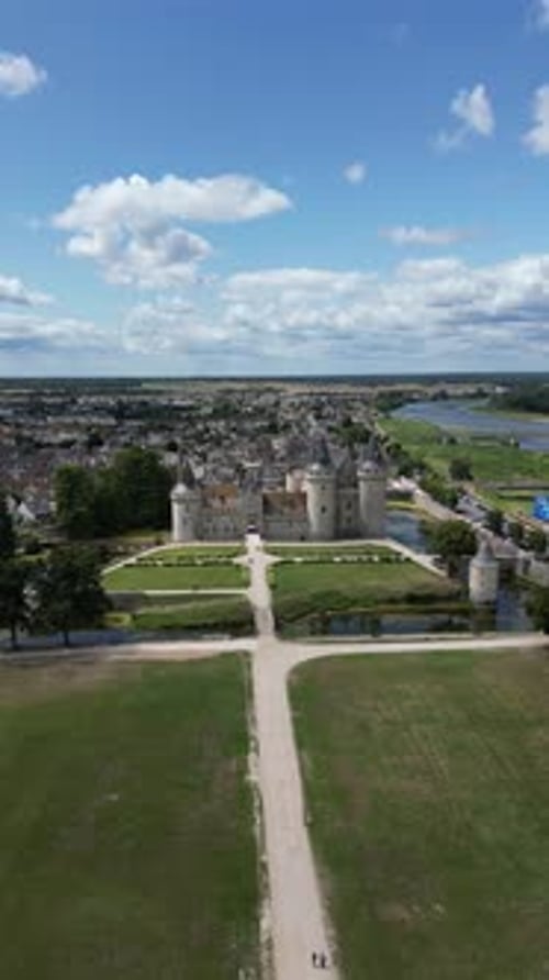 Aerial view of Chateau de Sully-sur-Loire, Loire Valley, France.