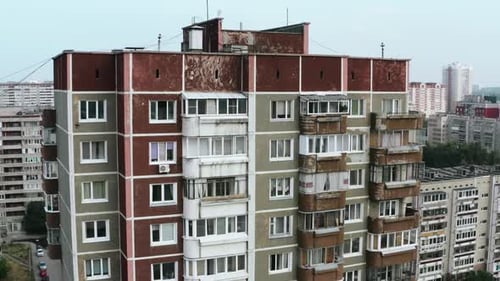 Top view of old residential buildings in city in summer. Stock footage. Residential communal complex