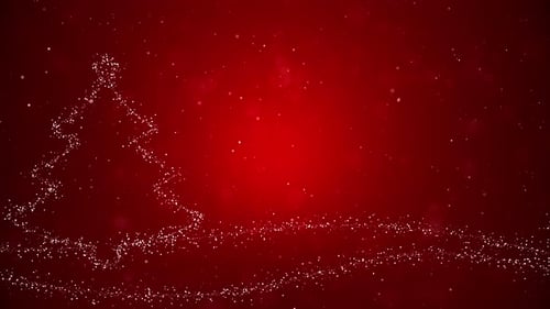Sparkling Christmas Tree Forming from Particles on Red Background
