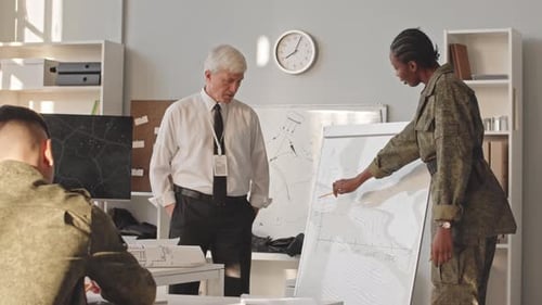 Military Strategy Meeting in a Bright Office