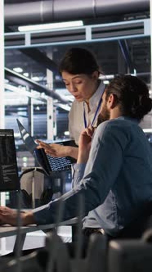 Vertical Video Data Center Admins Working Together Collaborating on AI Software Development