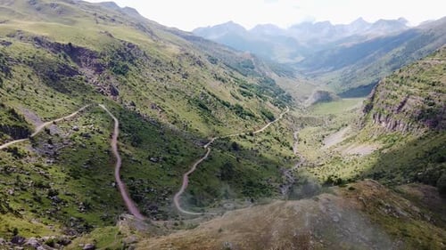 Spanish Pyrenees, Huesca, Spain - Aerial Drone View of the Hiking Trail at Valle de Aguas Tuertas Va