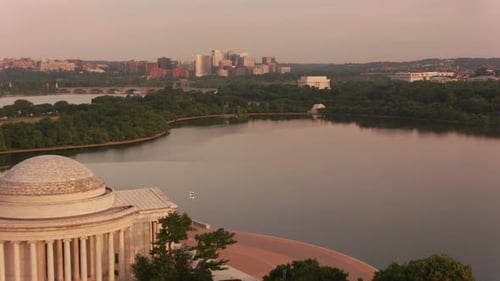 Washington, D.C. Circa-2017, Flying Past Jefferson Memorial to Tidal Basin at Sunrise