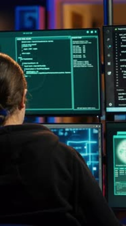 Pirate Vidéo Vertical Buvant Du Café Tout En Exécutant Un Logiciel Espion D'Intelligence Artificielle