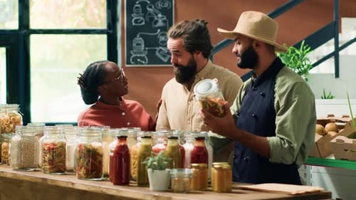 Store Clerk Showing Food Jars to Customers