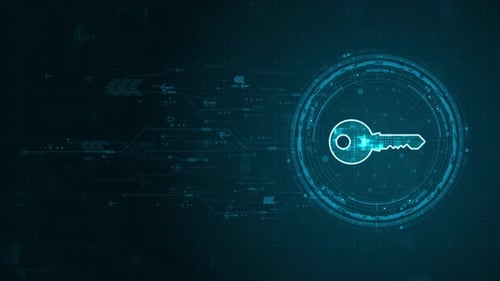 Blue digital security key logo and circle futuristic HUD elements with flowing arrows with network