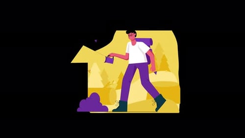 Flat Design Hiker Exploring Nature with Flashlight Animation