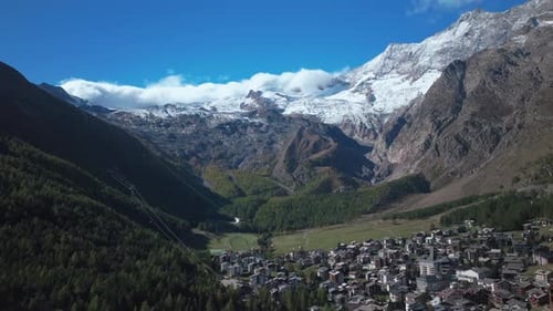 Saastal Saas Fee village town Switzerland aerial drone sunny stunning beautiful Fall Autumn Swiss Al