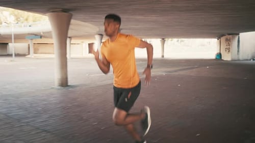 Black man, fitness and running in city for workout, exercise or outdoor cardio training in the day