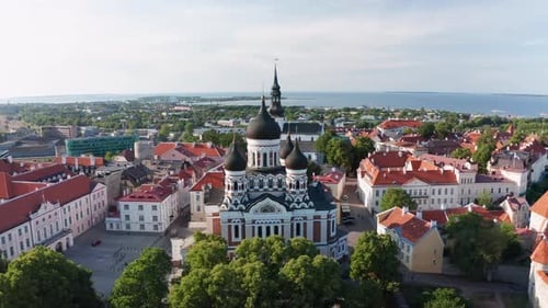 Aerial View of Alexander Nevsky Orthodox Cathedral and Cityscape of Tallinn, Estonia