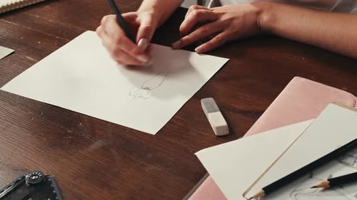 Artist Drawing Fashion Design Sketch at Workplace