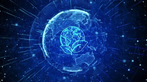 Futuristic Digital Earth Network with Eco-Friendly Leaf Icon