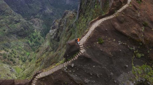 Above View Of A Hiker At Pico do Arieiro In Madeira, Portugal. Aerial Topdown Shot