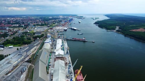 Panorama Of The Klaipeda Harbour At The Mouth Of The Akmena-Dane River In Klaipeda, Lithuania. aeria