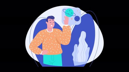 A man holding a planet illustration in a cozy setting