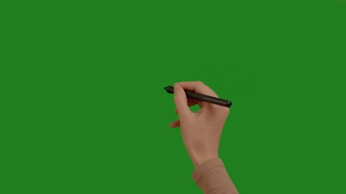 Hand making symbol gestures pack of pen on chroma key green screen background.