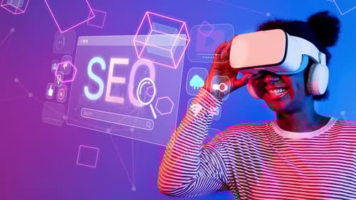 Woman Experiencing Virtual Reality with Augmented Elements Representing SEO Concepts in a Modern Dig