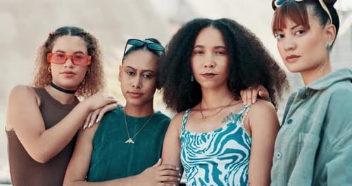 Fashion, friends and face of women in city on weekend in trendy clothes