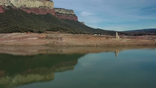Aerial view of the Sau reservoir in drought.