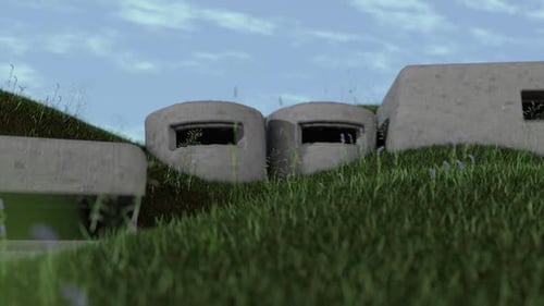 Moderne Betonkonstruktion auf grasbewachsenem Hang