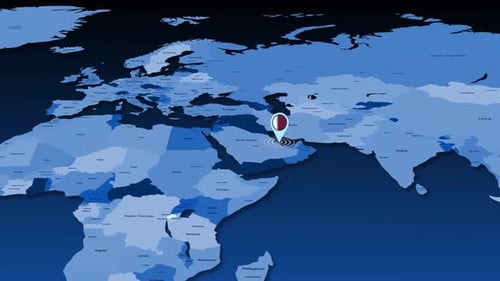 3D World Map Zoom to Qatar Location Pin Animation