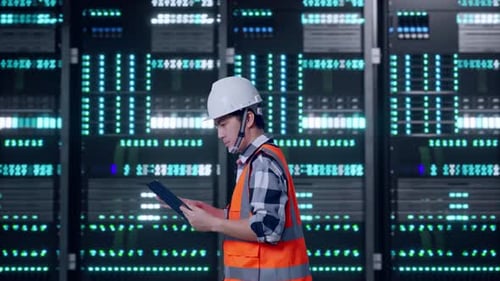 Asian Male Use Tablet While Walking in Data Center